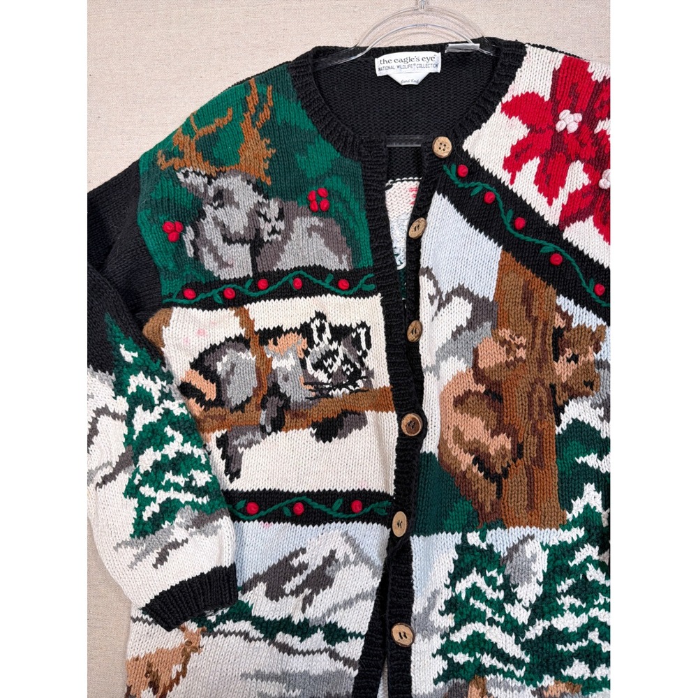 Eagles Eye National Wildlife Hand Knit Cardigan Sweater Womens Medium Bear Deer